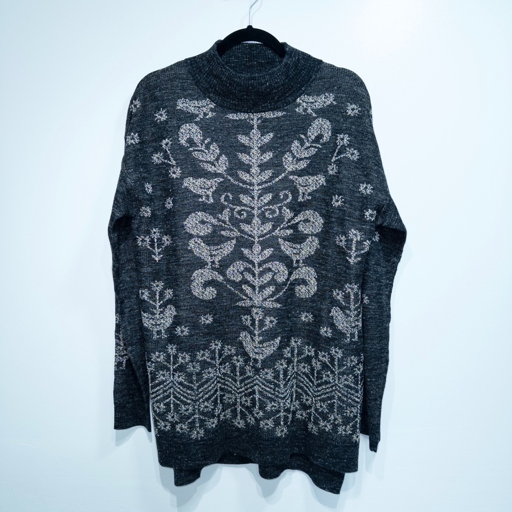 New Molly Brecken Gray & Gold Leaf Bird Mockneck Sweater‎ Size Medium